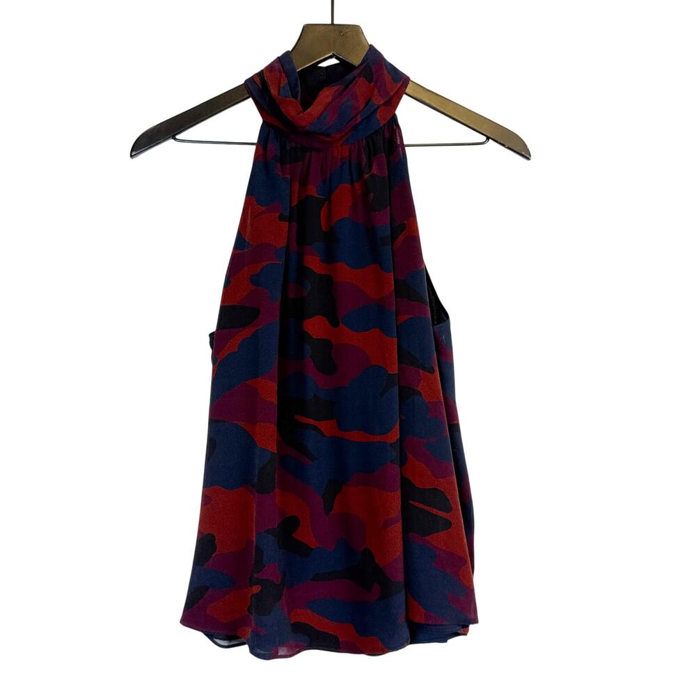 Joie Erola B 100% Silk Halter Top Blosue Red Navy Blue Camo - M